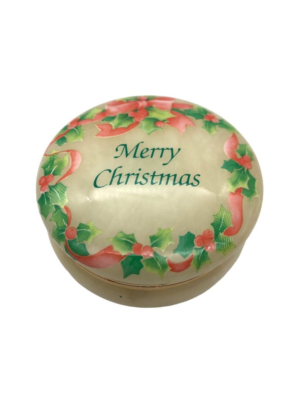 Genuine Alabaster Merry Christmas Hand Carved Trinket Jewelry Box Holly Border